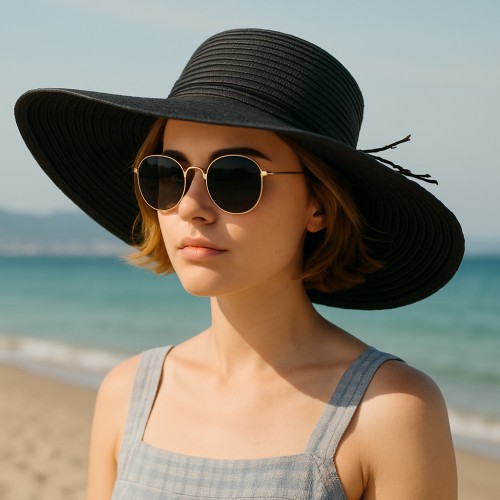 Straw Big Rim Hat - w/ Multi-String Bow - Black - HT-SHA50203BK